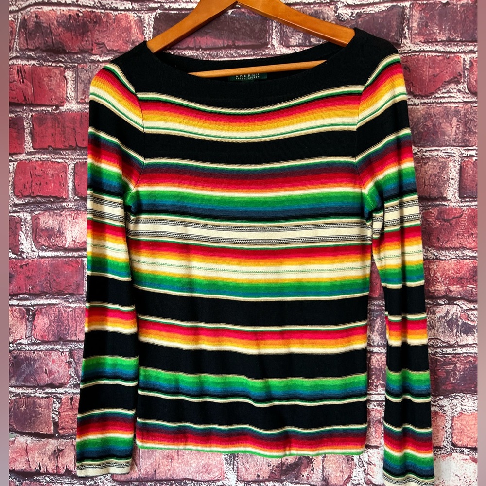 Lauren Ralph Lauren Blanket Stripe Boat Neck Serape Aztec Knit Sweater S